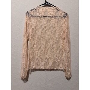 Avidlove M Peach Ivory Mock Neck L/S Top Sheer Silver Metallic Floral Lace